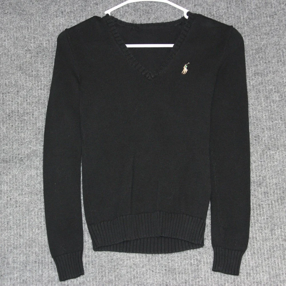 Ralph Lauren Black V Neck Cotton Knit Sweater Kids Small Pony Logo Pullover